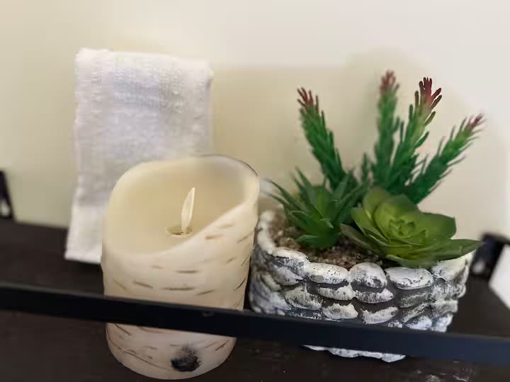 Decor close-up of a candle and a succulent planter