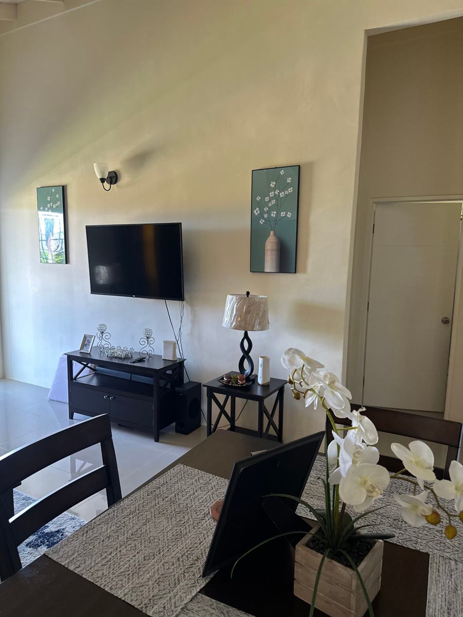 Living area with a wall-mounted TV and dining table